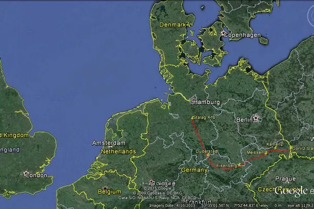 This is the route POW Robert Bayne was marched through Poland and Germany during the infamous 'Long March' in February 1945