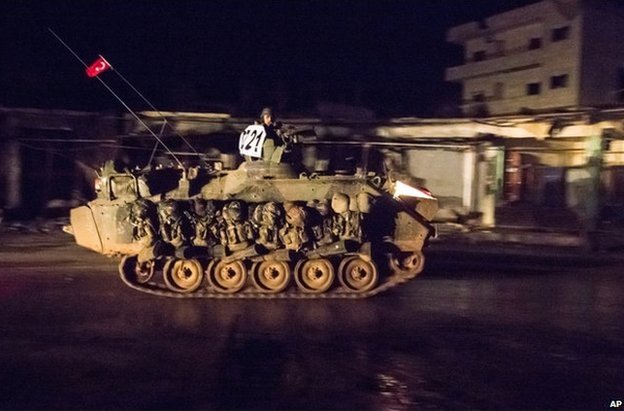 Turkish armour passes through Kobane, 21 February 