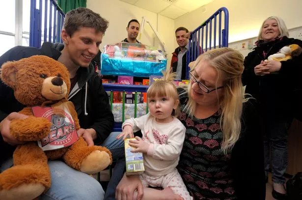 Redcar Bears Speedway racers stopped by the Childrens ward, Ward 21 at James Cook University Hospital, Middlesbrough to deliver Easter Egg Treats for the kids on the wards
