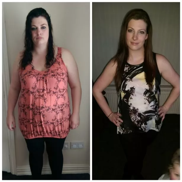 Cheryl in April 2014, just before she joined Slimming World and Cheryl now