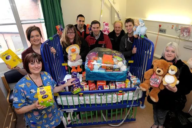 Redcar Bears Speedway racers stopped by the Childrens ward, Ward 21 at James Cook University Hospital, Middlesbrough to deliver Easter Egg Treats for the kids on the wards