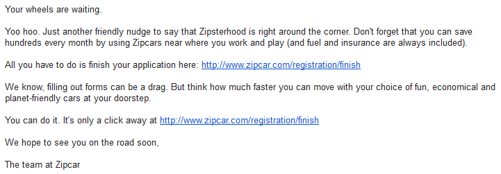 zipcar abandonment email