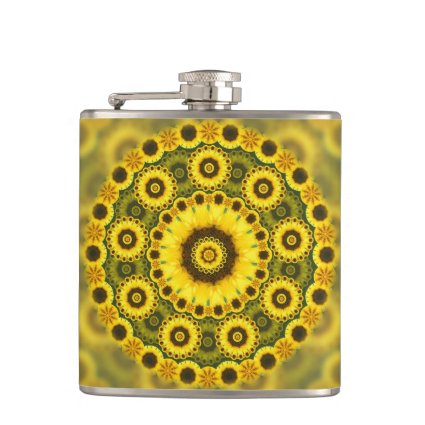 Hippy Sunflower Fractal Mandala Pattern Hip Flask