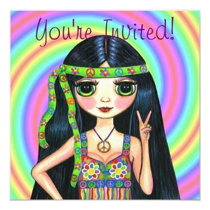 Peace Out Girl Hippie Flashing Peace Sign 5.25x5.25 Square Paper Invitation Card