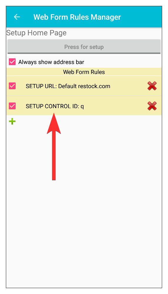 iScanBrowser Android Web Form Rules Manager page