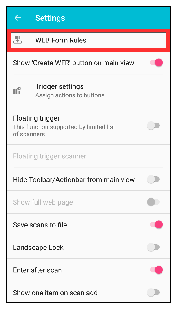 iScanBrowser Android settings Web Form Rules