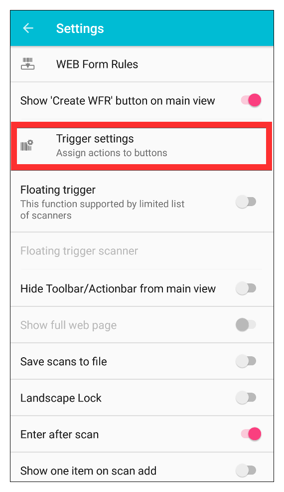 iScanBrowser Android settings trigger settings