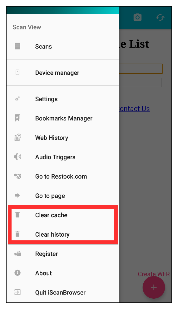 iScanBrowser Android sidebar menu clear history and clear cache