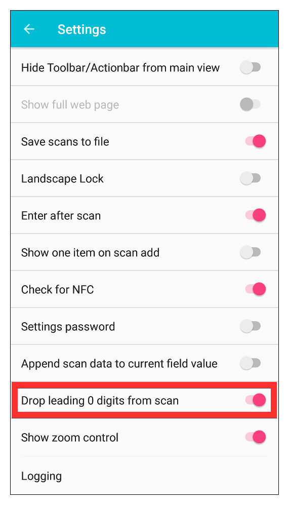 iScanBrowser Android settings drop leading zeros from scans (enabled)