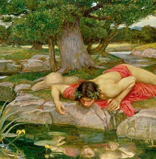  Mythology of Narcissus: entranced with his own image in a reflection: