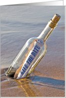 save the date-message in a bottle-wedding-beach-sand-ocean Card