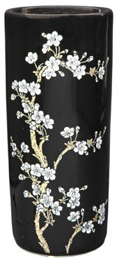 Elegant Wedding Anniversary Gift Idea - 17" Japanese Hand Painted White Blossoms on Black Porcelain Umbrella & Cane Stand