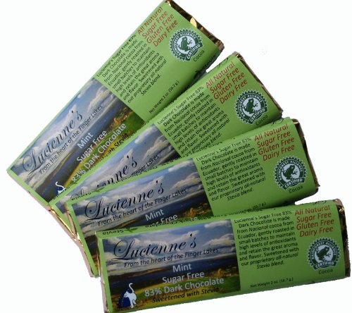 Lucienne's Mint Sugar Free Chocolate, 4 - 2 Oz. Bars, Sweetened with Stevia. The Finest Quality Ecuadorian Chocolate. All Natural Ingredients. 83% Cocoa Chocolate, Flavored with Natural Peppermint Oil.