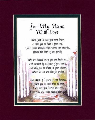 "For My Nana with Love" Touching 8x10 Poem, Double-matted in Burgundy Over Dark Green and Enhanced with Watercolor Graphics. A Gift For A Grandmother.