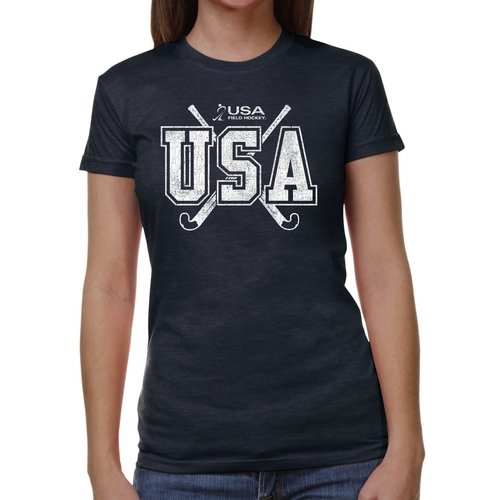 Olympics USA Field Hockey Crossed Sticks Ladies Junior's Tri-Blend T-Shirt - Navy Blue (Small)