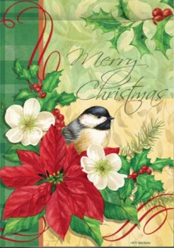 Elegant Merry Christmas Chickadee Poinsettia House Flag 28 x 40