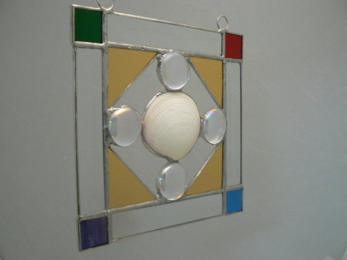 Colorful Stained Glass Suncatcher with Seashell and Beveled Glass