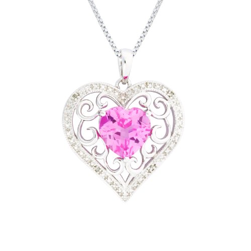 Sterling Silver Created Pink Sapphire and Diamond Heart Pendant, 18