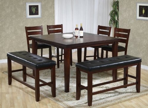 7pc Counter Height Dining Table, Stools & Benches Set Rustic Oak Finish
