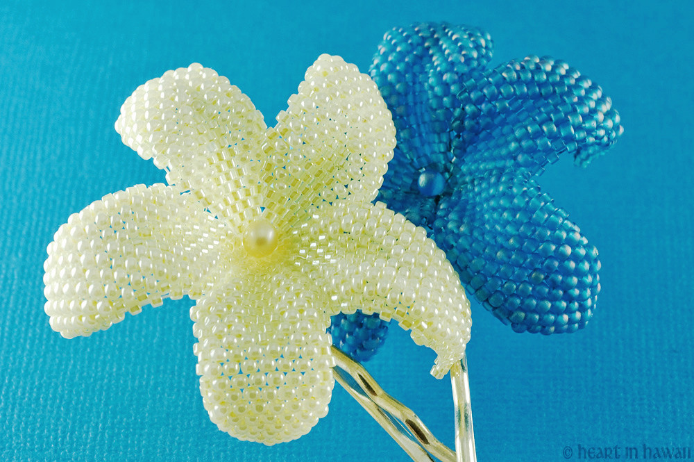beaded plumeria flowers - pearly yellow and ocean blue