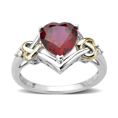 Sterling Silver and 14k Yellow Gold Diamond and Heart-Shaped Created Ruby Ring (0.03cttw, I-J Color, I3 Clarity), Size 9