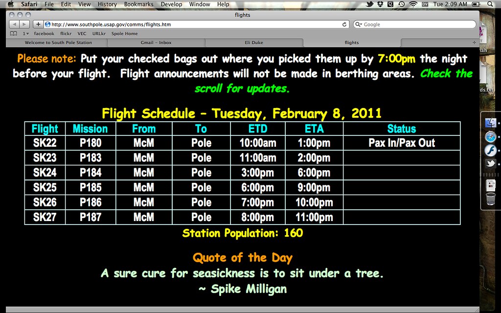 South Pole: Daily Flight Schedule