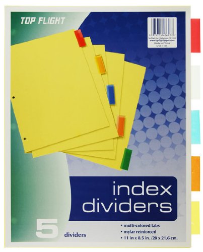 Top Flight Loose-Leaf Tabbed Dividers, 3-Hole Punched, 1 Set of 5 Dividers includes Red, Yellow, Green, Orange and Blue Tabs (4004131)