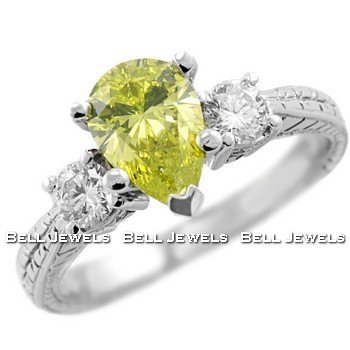 Fine 1.37ct Canary Yellow Pear-Shape Diamond Engagement Ring 14k White Gold Antique Style