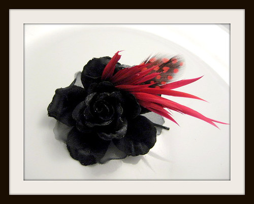 Black Rose Hair Flower with Ruby Red Feathers