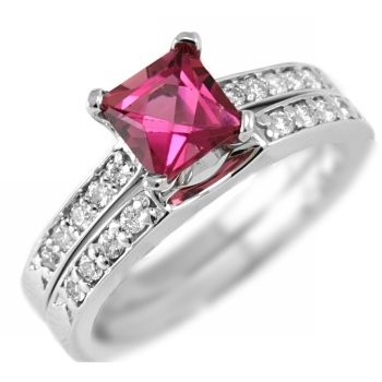 Deep Pink Tourmaline Princess Engagement/Wedding Ring Set 14k White Gold