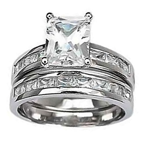 Bling Jewelry 2.5 ct Emerald-Cut Solitaire CZ Engagement Wedding Ring Set w/ Baguette Sz-5