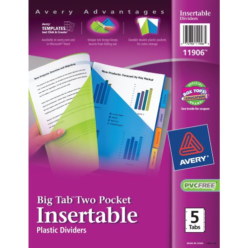 Avery Big Tab Two-Pocket Insertable Plastic Dividers, 5-Tab Set (11906)