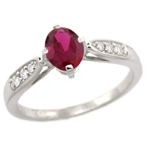 14k White Gold ( 7x5 mm ) Stone Engagement Ruby Ring w/ 0.19 Carat Brilliant Cut Diamonds & 0.85 Carat Oval Cut Stone, 5/16 in. (8mm) wide, size 6