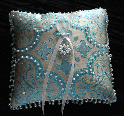 Handmade Beaded Renaissance Ring Pillow-Blue and Champagne-Lancelot of the Lake-SOLD!!!