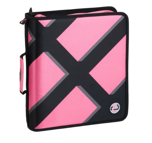 Case-It Dual Zippered D-Ring Binder, 2 Sets of 1.5-Inch Rings with Pencil Pouch, Pink Print (Dual100-PNK-P)