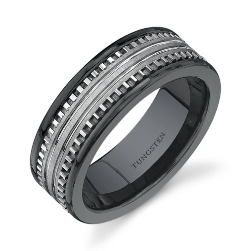 Rounded Edge 7 mm Comfort Fit Mens Black Ceramic and Tungsten Combination Wedding Band Ring Size 8