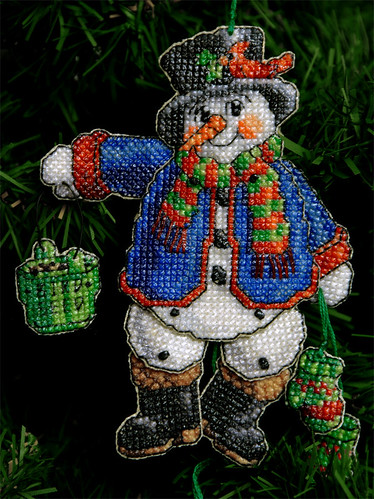 Homemade Christmas Ornament ~ Cross Stitched Frosty the Snowman