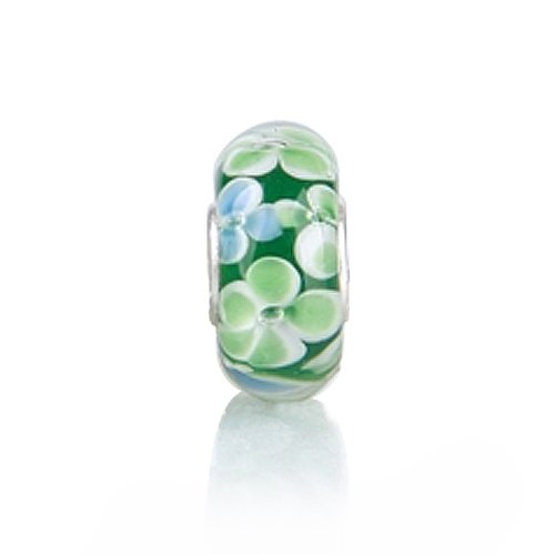 Bling Jewelry .925 Sterling Silver Murano Green Flower Bead Compatible with Pandora Bead Bracelet