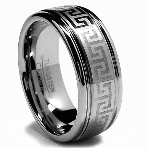 8MM Tungsten Ring Wedding Band with Laser Etched Greek Key Design Size 10