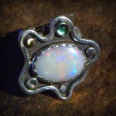 Primordial White Opal set in silver With Aqua Green tourmaline