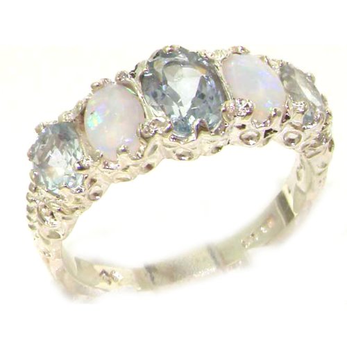 Luxury Ladies Victorian Style Solid Hallmarked Sterling Silver Aquamarine & Opal Ring - Size 10 - Finger Sizes 5 to 12 Available