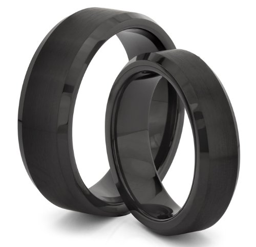 His & Her's 8MM/6MM Tungsten Carbide Brushed Black Wedding Band Ring Set (Available Sizes 4-14 Including Half Sizes)