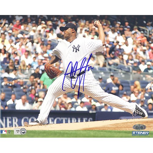 Steiner Sports MLB CC Sabathia Home Jersey Pitching with Steiner Collectibles Sign in Background Horizontal Autographed 8-by-10-Inch Photograph