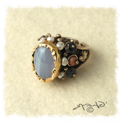Blue Lace Agate Iolite and Pearls handmade gemstones Queen ring