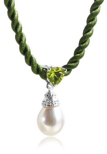 White Freshwater Cultured Pearl and Peridot Drop Pendant on Silk Cord with Sterling Silver Clasp