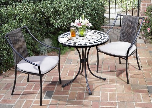 3pc Outdoor Bistro Table Set with Octagon Marble Tile Top in Black Aluminum Finish
