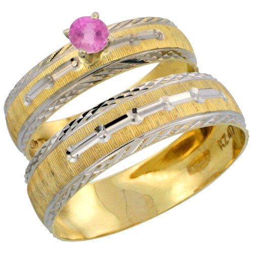 10k Gold 2-Piece 0.25 Carat Pink Sapphire Ring Set (Engagement Ring & Man's Wedding Band) w/ Rhodium Accent, (4.5mm; 5.5mm) wide (Available in Ladies' Sizes 5 to 10 & Men's Size 8 to 14) Size 7