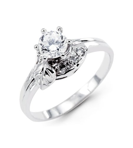 Women's Polished 14k White Gold CZ Leaf Engagement Ring
