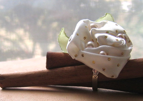 Fabric Rose Flower Ring, Ivory and Pearls