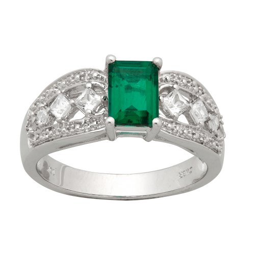 Sterling Silver Emerald-Cut Created Emerald Ring, Size 5